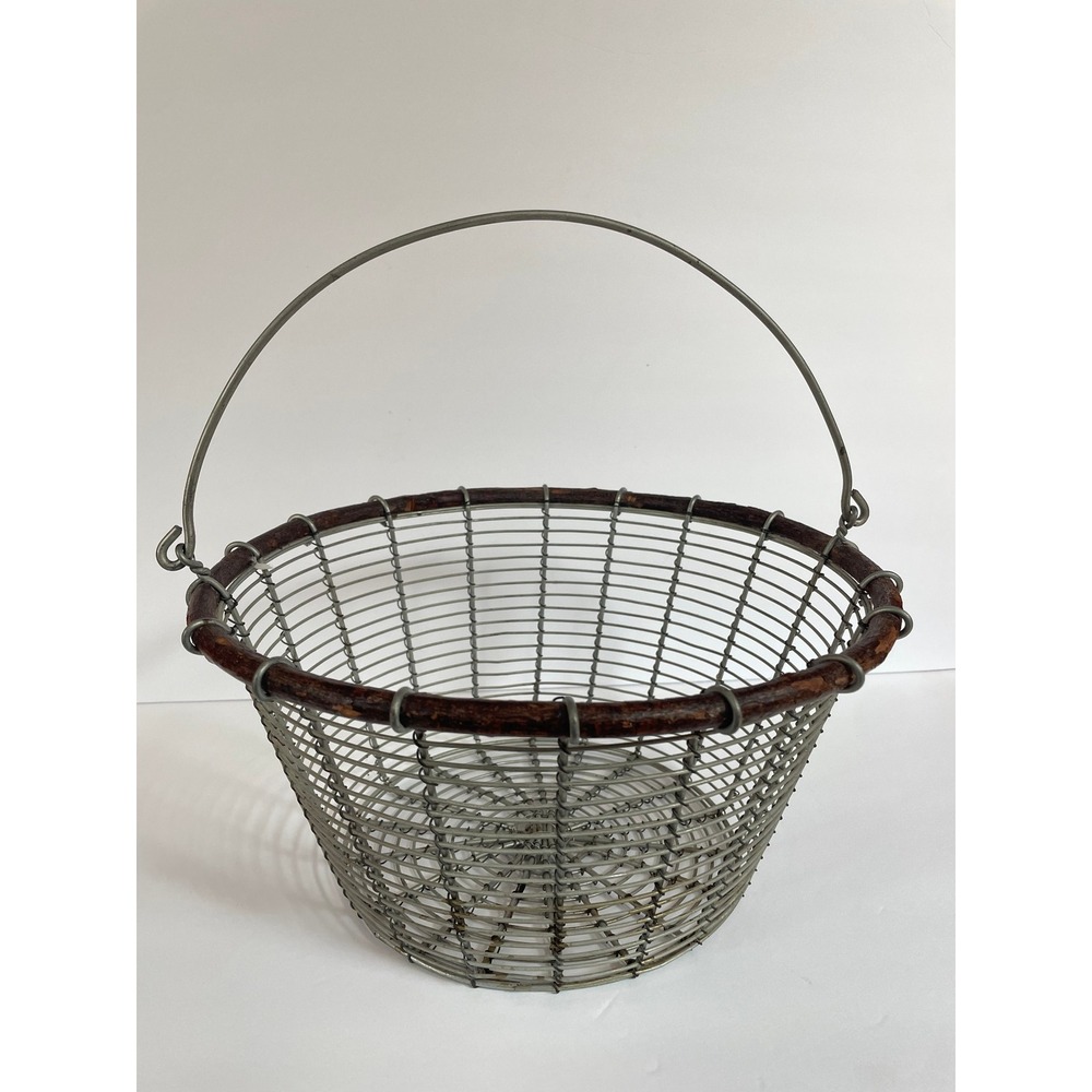 Vintage Bent Wood Wire Egg Basket Industrial Round Metal Gathering Basket Handle